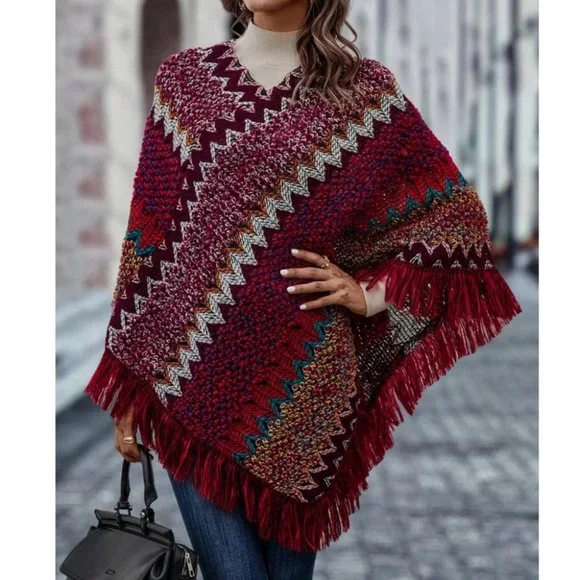 Chevron Fringe Hem Poncho Sweater multi color - Picture 1 of 7